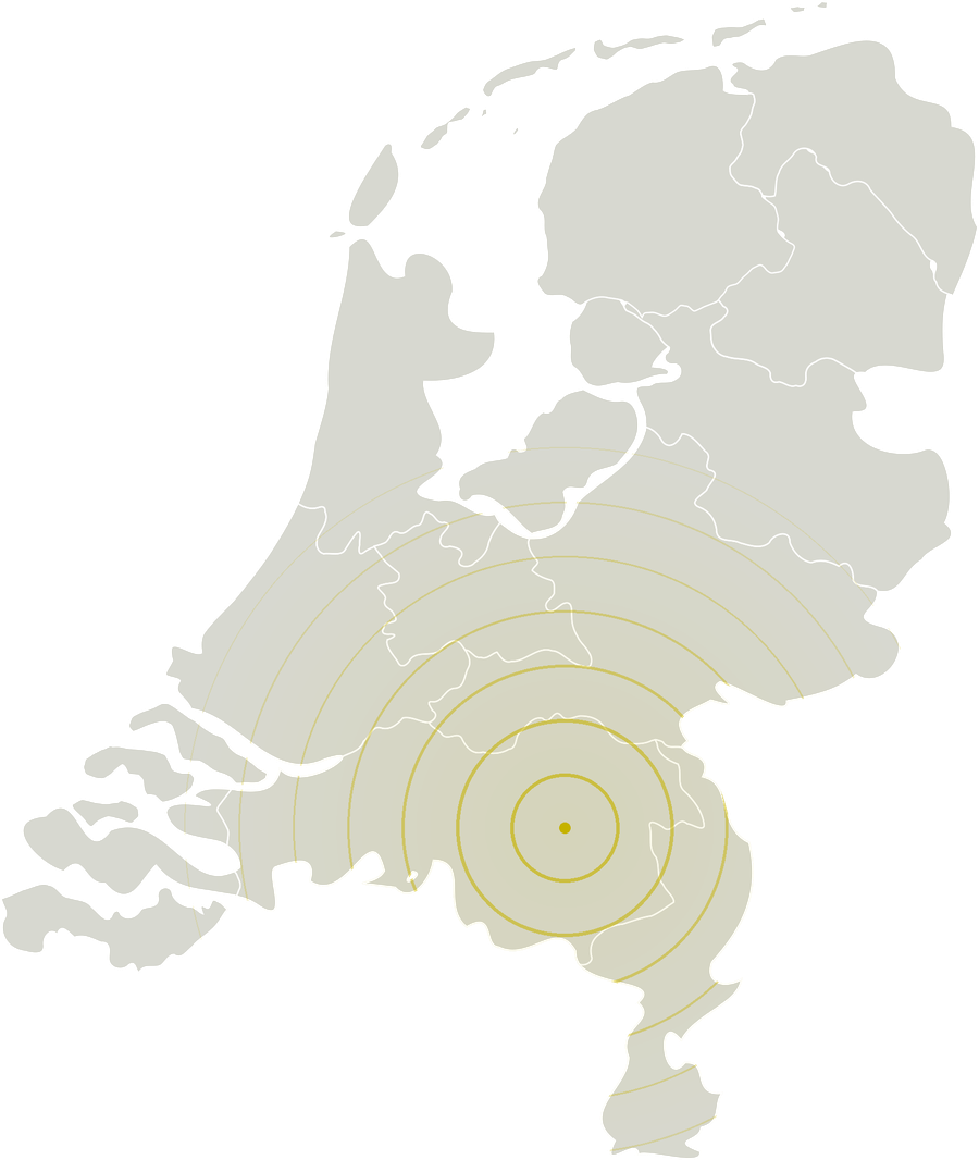 Kaart van Nederland met concentrische cirkels rond Sint-Oedenrode, het werkgebied van Vonder